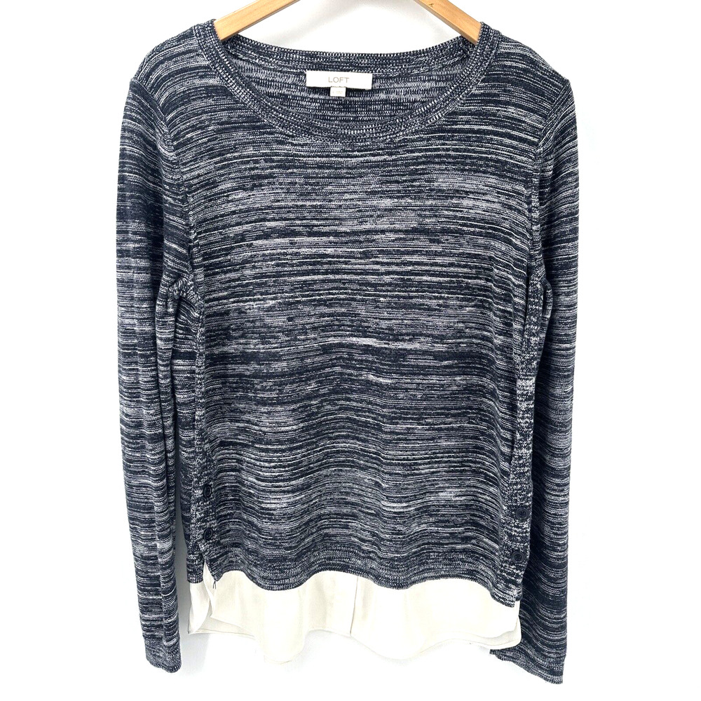 LOFT Sweater Blouse Womens Large Blue Marled Cream Pullover Knit